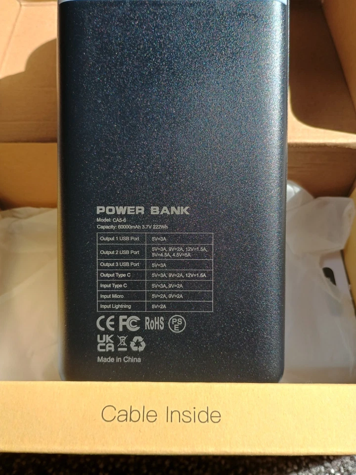 便携式充电器 移动电源 60000mAh 快速充电 22.5W PD4.0 & QC 4.0 — 第 3/4 张图片