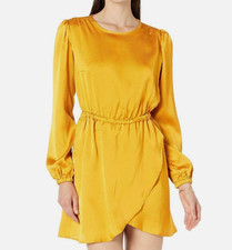 New Michael Kors Satin Long Sleeve Flounce Dress Women's Size large Gold Yellow