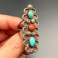 Vintage Navajo Native Turquoise Coral Silver Ring Size 7