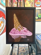 Melted Ice Cream Cone Painting 11 X 14”  Framed, Not A Print
