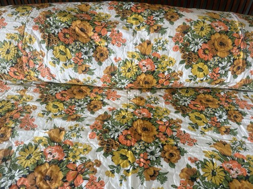 Vintage MCM 70er gesteppte Tagesdecke orange gelb gold grün 101”B 114”L Springtim - Bild 2 von 12
