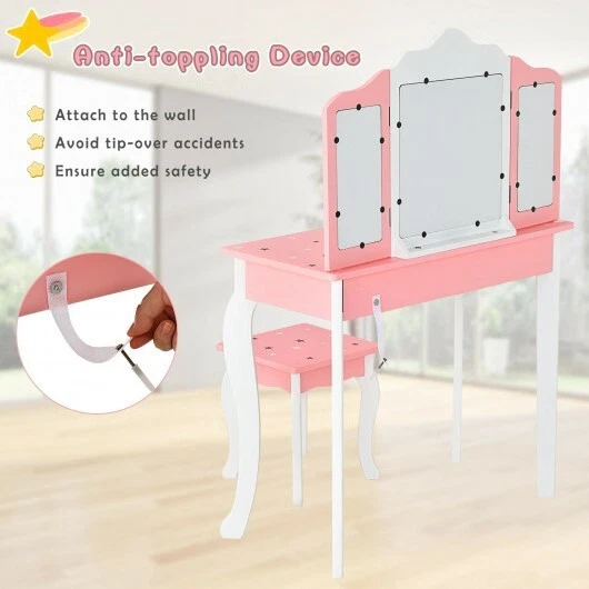Juego de mesa de tocador y taburete Princess para niños con espejo triple plegable y cajón - rosa Foto 3 de 4