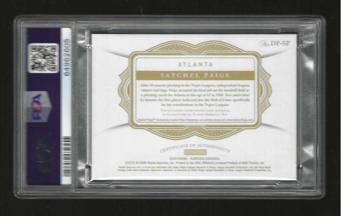 2020 Panini Flawless Satchel Paige Braves Dual Jersey Logo Patch 4/10 PSA 10 Gem view 2