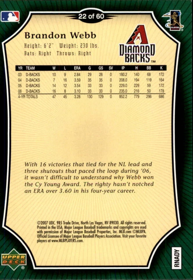 2007 Upper Deck Holiday Inn #22 Brandon Webb - NM-MT - Image 2 of 2