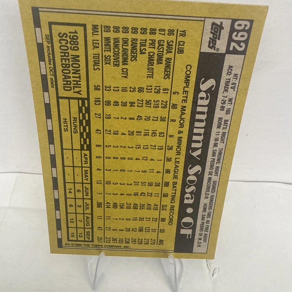 1990 Topps #692 Sammy Sosa y error DOB🔥 Foto 2 de 2