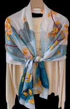 100% Silk Scarf Women neckerchief long Shawl Wrap floral blue yellow gray MY225