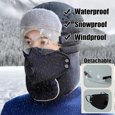 5-in-1 Waterproof Winter Trapper Hat with Ear Flaps Windproof Thick Warm Cold We