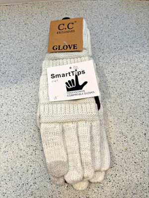 C.C Exclusive White  Knit w/Silver Thread Winter Gloves One Size Fits Most