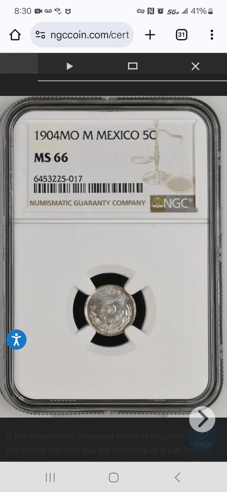 1904 Mo M Mexico Second Republic Silver 5 Centavos NGC MS66 KM 400.2 TOP POP 5/0 - Image 3 of 4