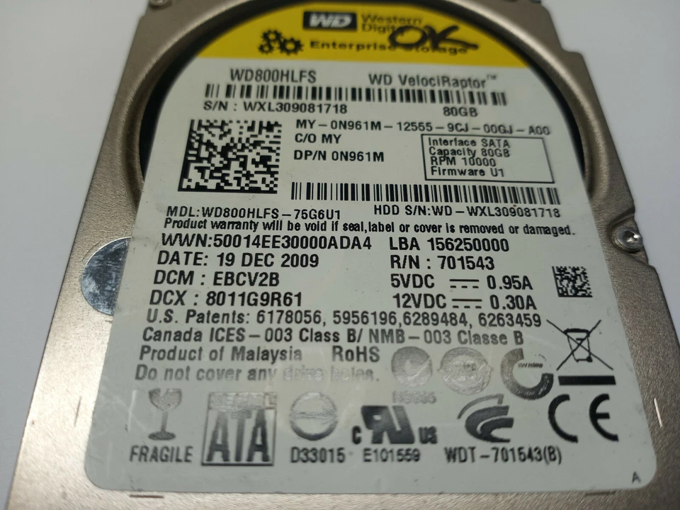 Western Digital 80GB VelociRaptor 0N961M WD800HLFS 10K RPM WD800HLFS-75G6U1 - Image 3 of 4
