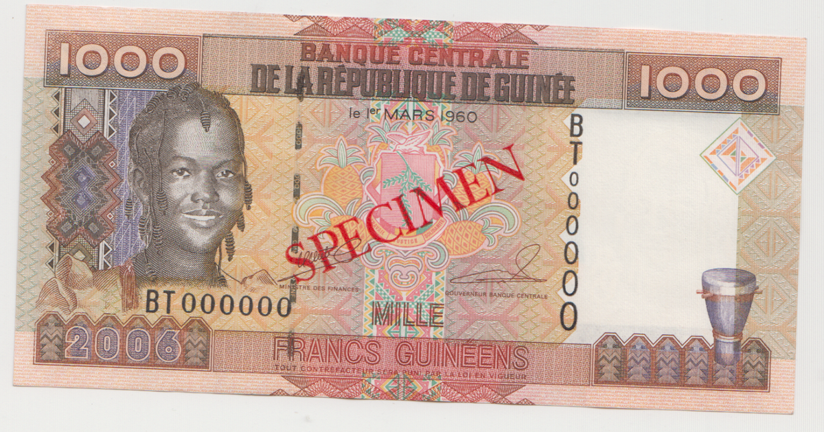 SPECIMEN: Guinea, 1000 Francs Banknote 1960 ND (1985) Keita/ Toure