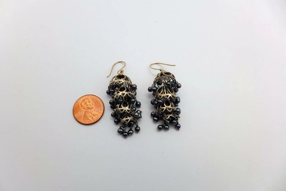 PENDIENTES ARAÑA JANE DIAZ ORO ROSA 10KT PERLAS NEGRAS Foto 4 de 4