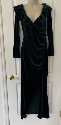 Realix Emerald XL Velvet Long Sleeve High Split Green Party Dress Wrap Maxi  | eBay