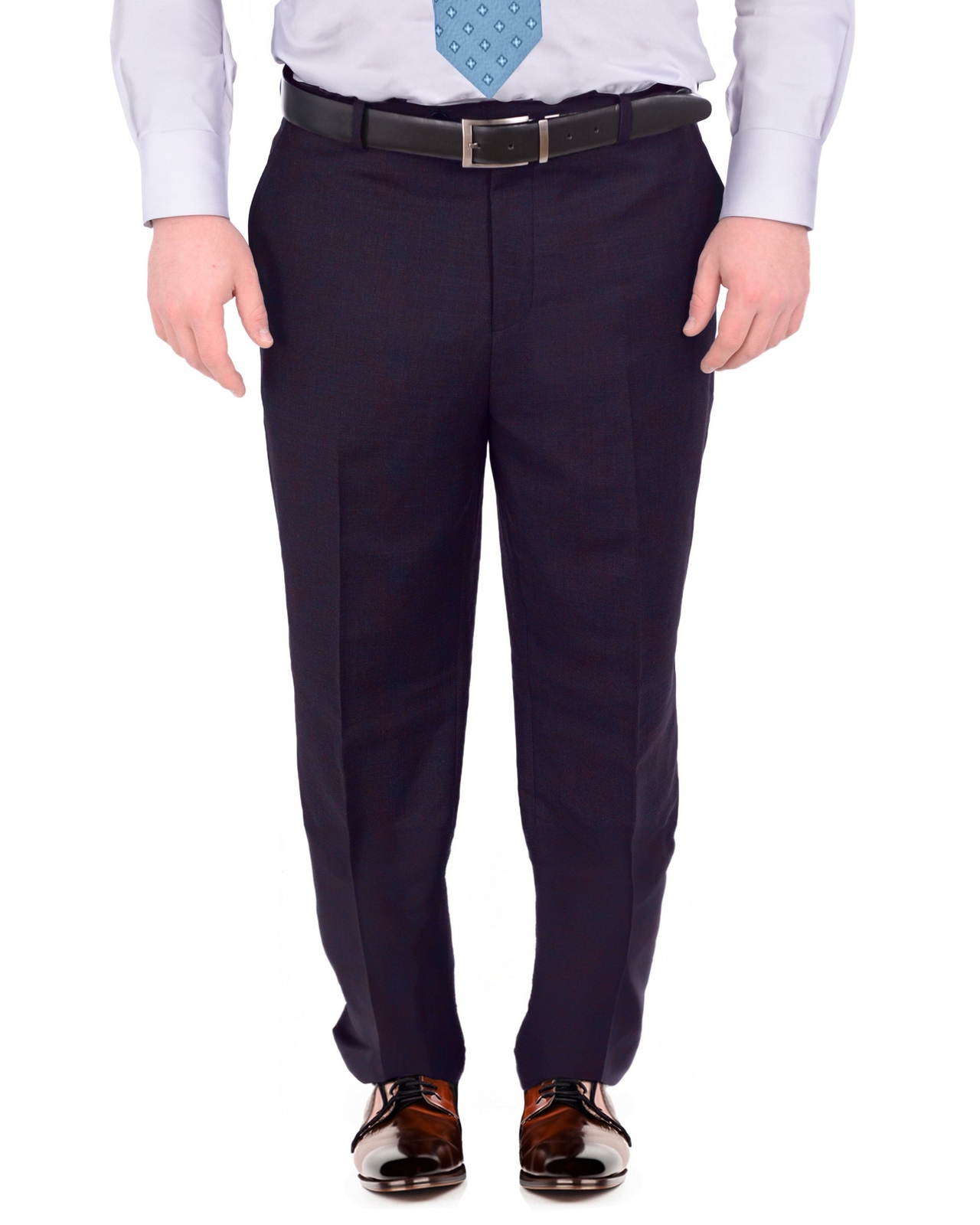 Label M Mens Portly Fit Solid Navy Blue Flat Front 100% Wool Dress Pants