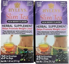 2 packs of Hyleys Slim Tea NO GMO Acai Berry 100% Natural 25 tea bags, FREE SHIP