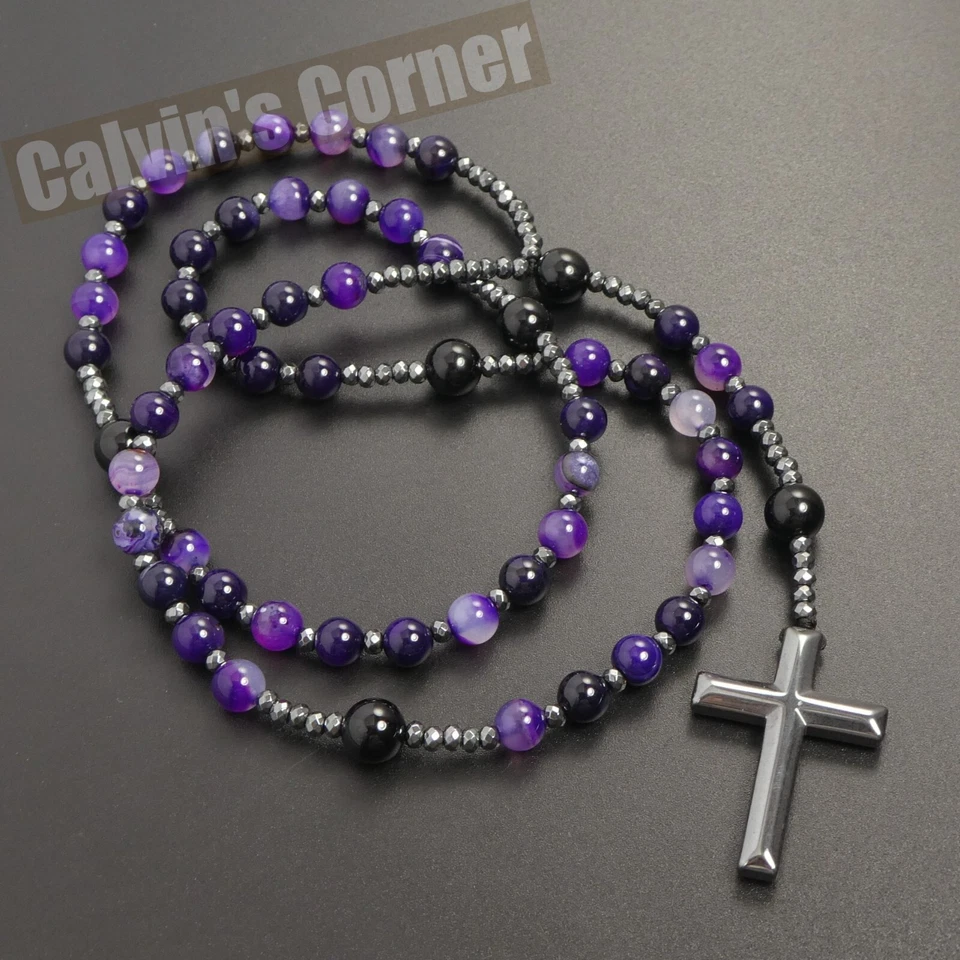 Purple Agate Black Onyx Bead Black Hematite Cross Rosary Necklace Men Women Gift - Image 3 of 4