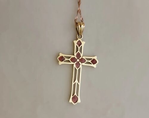 14k Yellow Gold Cross Coral Enamel on Rose Gold Matching 14k Chain 18" - Picture 1 of 9
