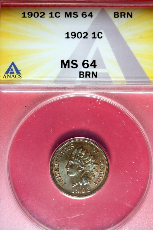 1902 - ANACS MS64 BRN INDIAN HEAD CENT!!  #B43077