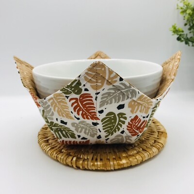 Three Sizes, Microwave Bowl Cozy Holder, Reversible, Monstera Plant Leaves Print