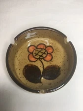 MCM Table Ashtray Floral Speckled Stoneware Orange Flower 4"