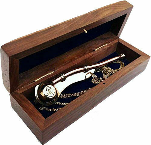 Brass Boatswain Navy Ship Bosun's Whistle W/Chain Wooden Box Anchor Nautical - Picture 1 of 4