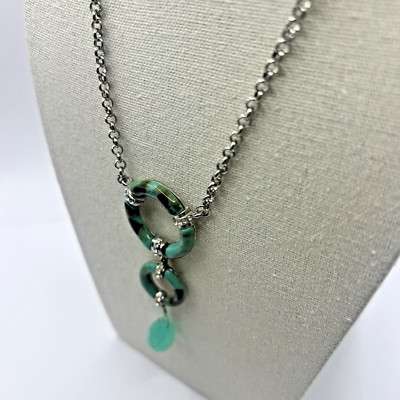 Bijoux Terner Silver Necklace Green Black Marble Like Drop Modern Glam Pendant