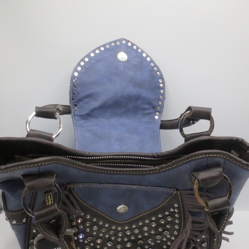 Trinity Ranch Carry Leather Western Handbag Purse Brown Blue Fringe Rhinestone - Picture 11 of 21