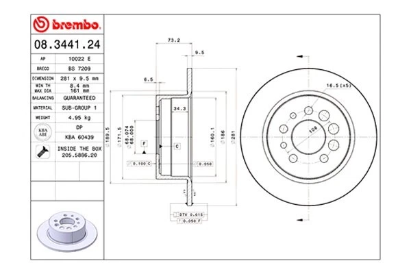 For Volvo 940 91-95 Brembo 08.3441.24 Replacement Plain Solid Rear Brake Rotor — 第 2/4 张图片