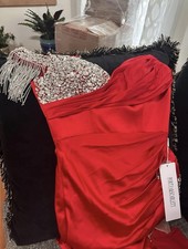 Portia Scarlett PS23041 Red One-Shoulder Satin Gown Beaded Fringe Slit