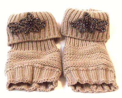 Crochet Ankle Leg Warmers Brown Knit Black Beaded Flower Detail Cozy Winter Acc