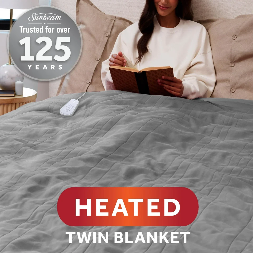 Sunbeam Electric Heated Bed Warming Blanket Gray Soft Brushed Fleece Twin Cozy - Image 4 of 4