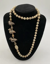 Leopard Skin Jasper Carved Ducks Ducklings Stone Bead Beaded Necklace Knotted