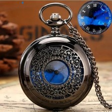 Exquisite Starry Blue Dial Quartz Pocket Watch Roman Numerals Gift.