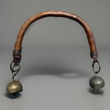 Antique Asian Cow Yak Wood Bronze Collar Bell Folk Art Handmade RARE 18”