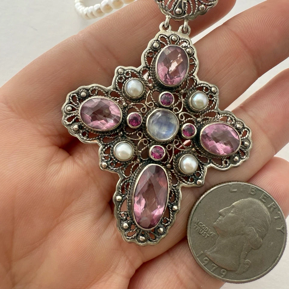 Nicky Butler Pink Quartz Pearl Moonstone Sterling Silver Cross Pendant Necklace - Image 3 of 4