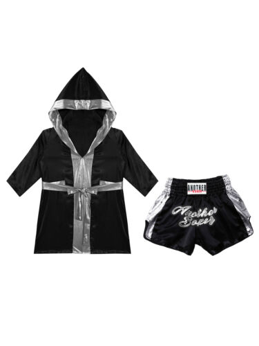 Boys Girls Boxing Costume Shiny Satin Belted Robe Hooded Cloak with Shorts Set - Picture 8 of 31