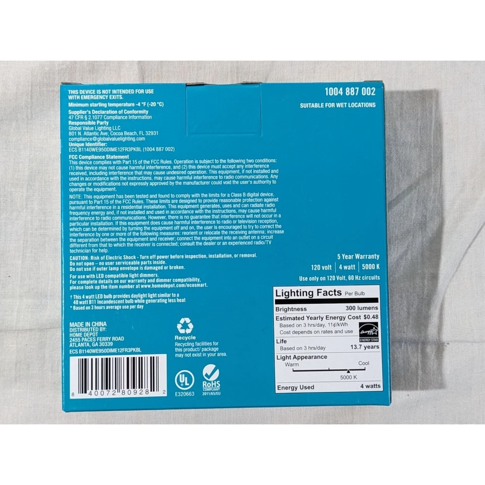 NEW EcoSmart 3-Pk 40W B11 Frosted LED Bulb Candelabra Dimmable Daylight 5000K - Image 3 of 4