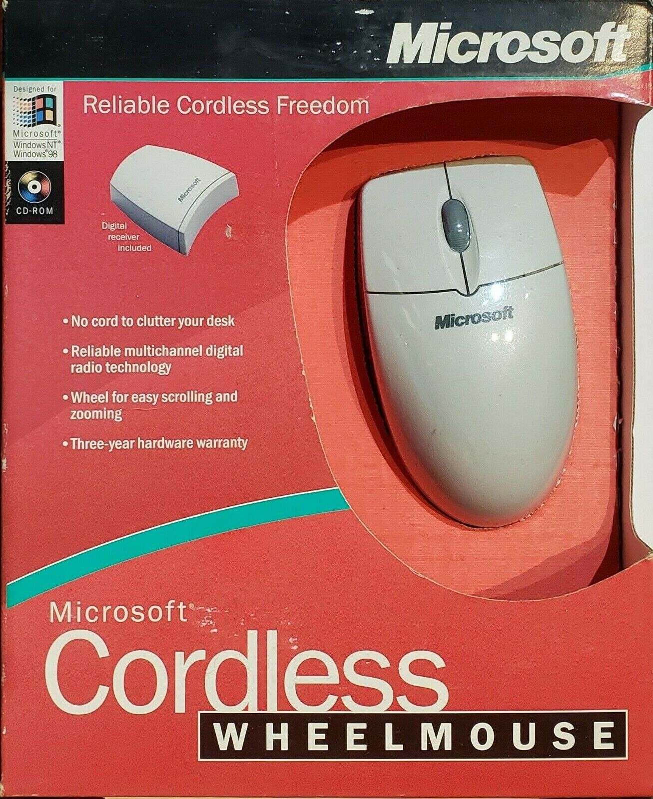 NEW Vintage Microsoft Cordless WheelMouse & Receiver, Serial & PS/2,  C57-00001