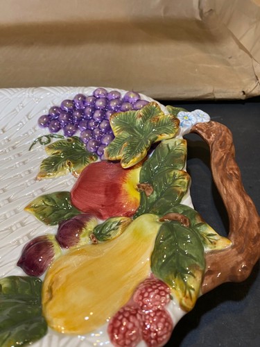 Piatto in ceramica dipinto a mano 20" con manici / anni 80 / collezione Cornucopia - Foto 8 di 9