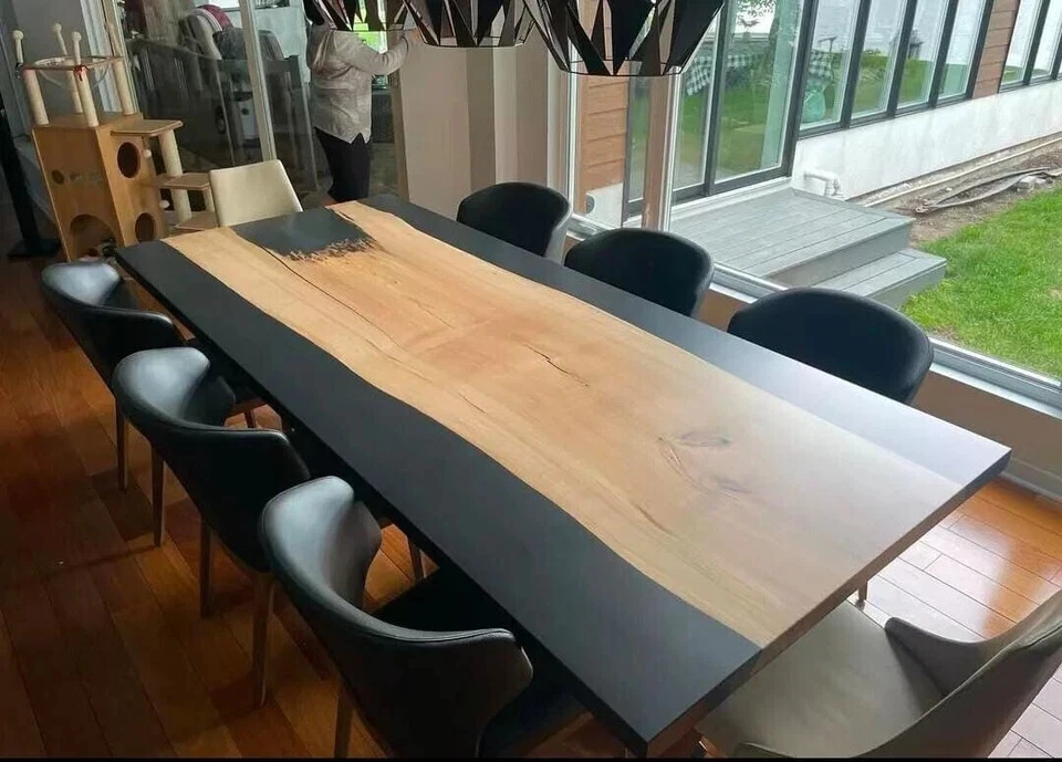Mesa de resina epoxi de nogal negro y midiano macizo borde vivo mesa de río Foto 3 de 4