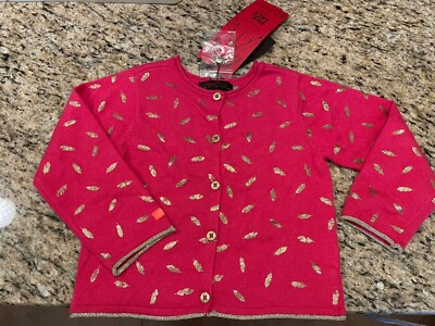 NWT Catimini Girls Hot Pink/Gold Feathers Deer Embroidered Cardigan, Sz 18 Mo