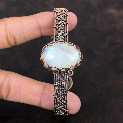 Rainbow Moonstone Wire Wrapped Adjustable Bangle Handcrafted Copper Gift - Picture 7 of 11