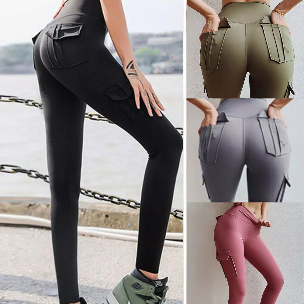 Womens Cargo Yoga Leggings With 4 Pockets Tummy Control Workout Pants High  Waist