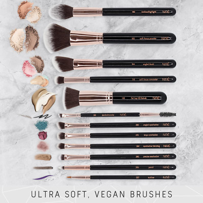 15-Pcs Professional Vegan Makeup Brush Set - Includes Case, Sponge, Cleaner, etc