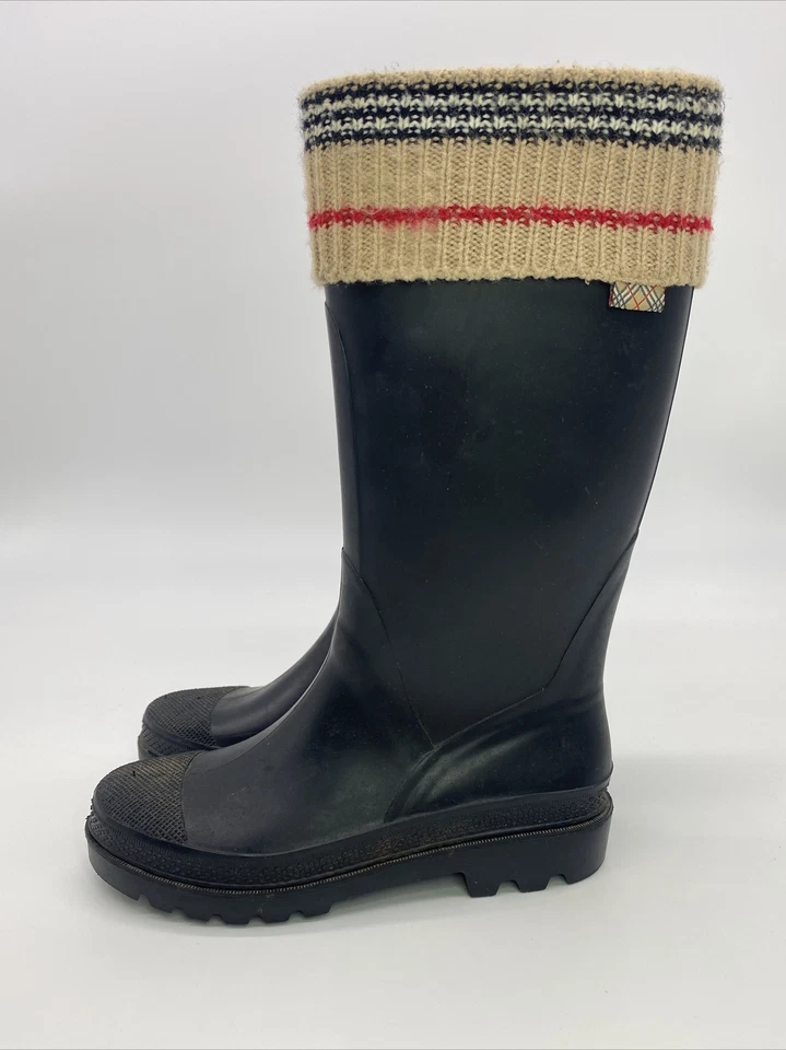 BOTAS DE LLUVIA BURBERRY KNIT TOP NOVA CHECK NEGRAS GOMA HASTA LA RODILLA MONTAR PARA MUJER 6,5 Foto 4 de 4