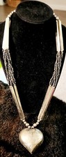 Vintage Silver Tone Puffed Heart Dark Grey Metal Beads Necklace