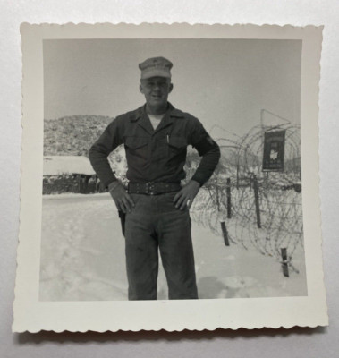 B&W Photo Handsome Soldier In Snow Hands On Hips Pinky Ring Arm Band Hat VINTAGE