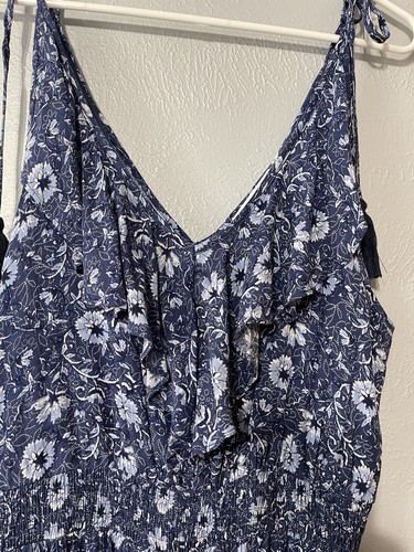 Miss Me Womens L Blue Floral Spaghetti Tie Straps Ruffles Knee Length Flowy - Picture 2 of 8