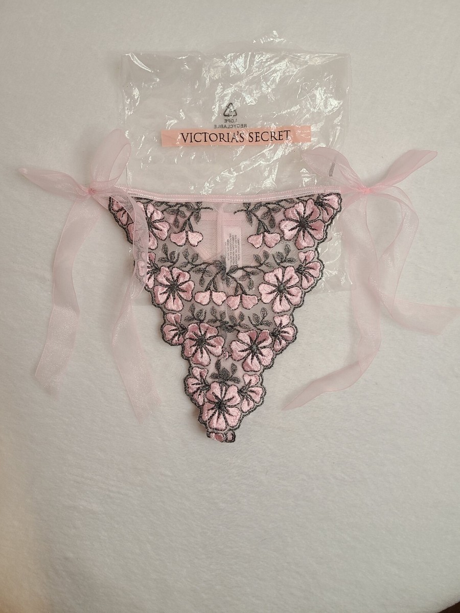 New VTG Victoria's Secret Satin Embroidered Side Tie Thong Panty