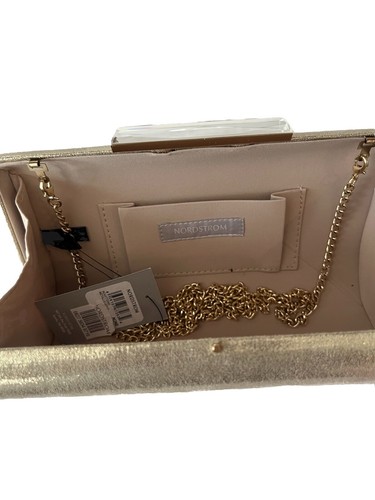 Nordstrom Metallic Gold Evening Clutch Purse Rhinestone Clasp Shoulder Chain NWT - Picture 5 of 8